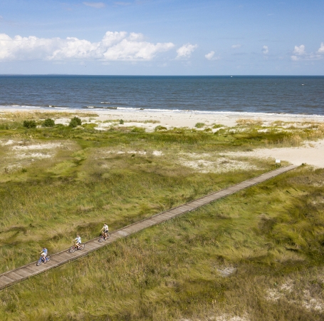 people biking on a pathway by the beach
