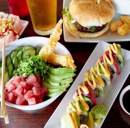 sushi, burger, poke bowl