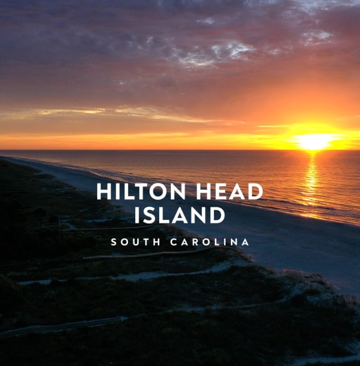 hilton head island beach with sunset and logo overlay