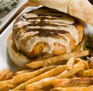 salmon burger and fries