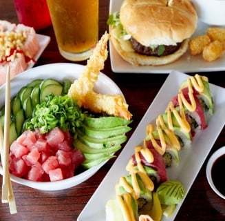 sushi, burger, poke bowl