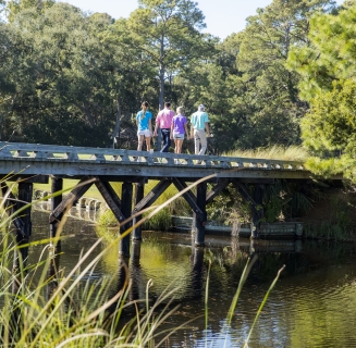 A family walking over a bridge surrounded by greenery