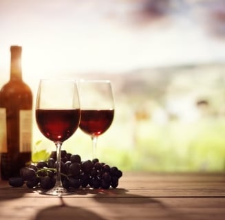 Red wine bottle and glass