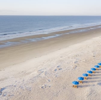 aerial shot of beach with umbrellas