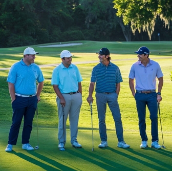 four male golfers standing on hole 14 of George Fazio Golf Course