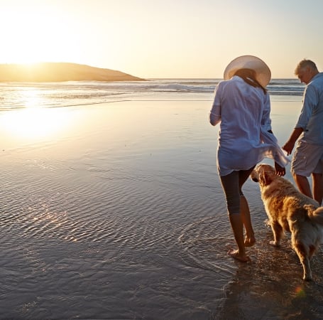 two people talking on a beach with their golden retriever dog at sunset