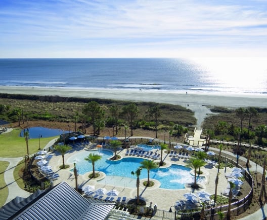 Pool and pool deck in front of the beach surrounded by trees