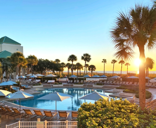 westin pool with umbrellas and palm trees