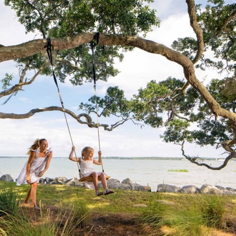 two kids swinging on a tree swing