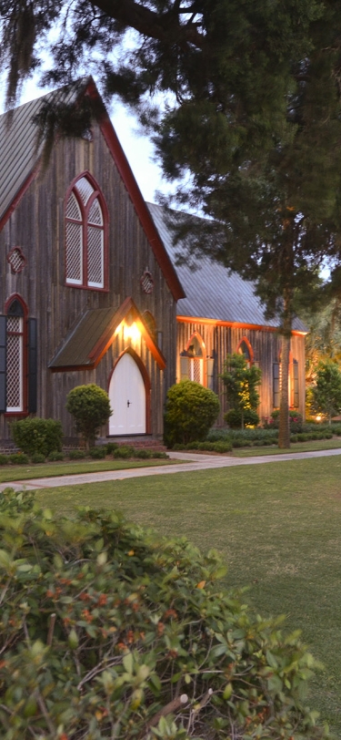 exterior shot of a brown church