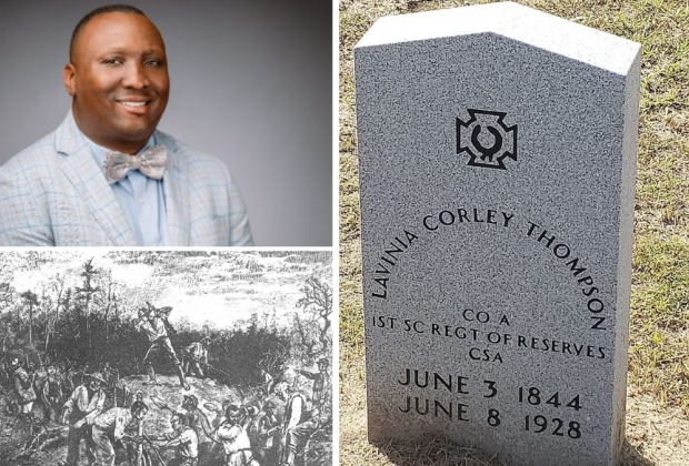 Collage image on Dr. Walter Curry and tombstone of Confederate soldier