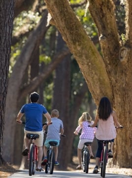 a family biking through trees