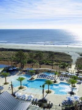 Pool and pool deck in front of the beach surrounded by trees