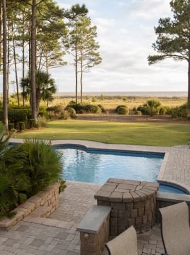 vacation home back yard with in ground pool and pathway leading to the beach