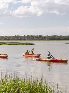 kayakers lined up in the water 