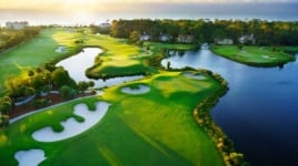 An aerial view of a golf course.