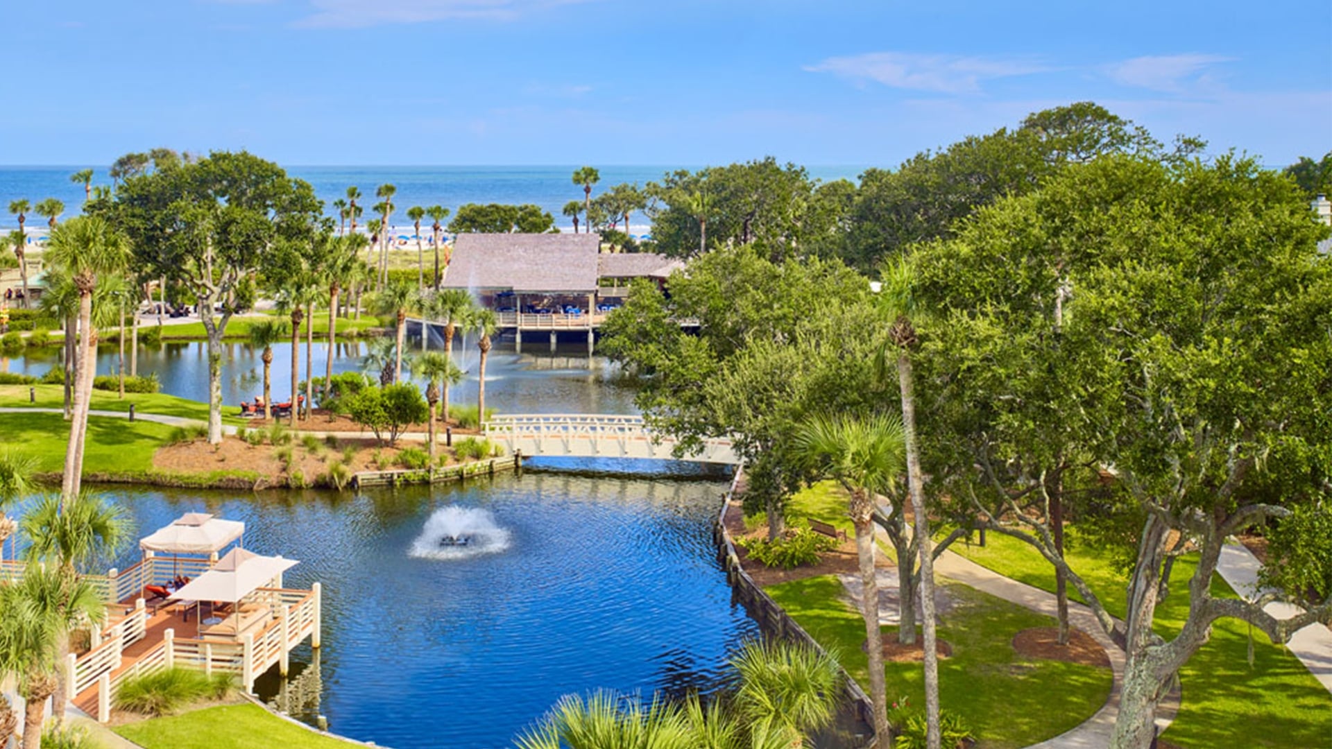 a pond surrounded by trees with the ocean in the distance