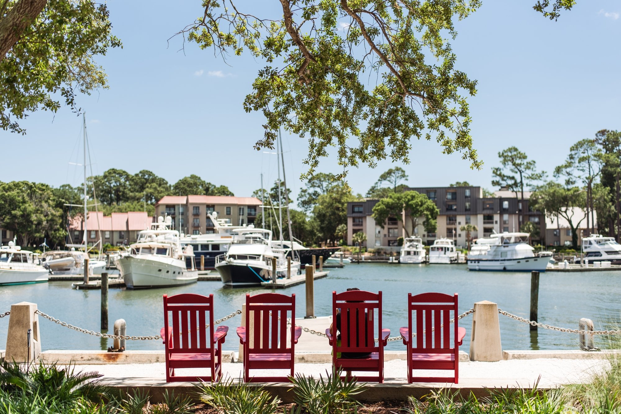 chairs facing the marina 