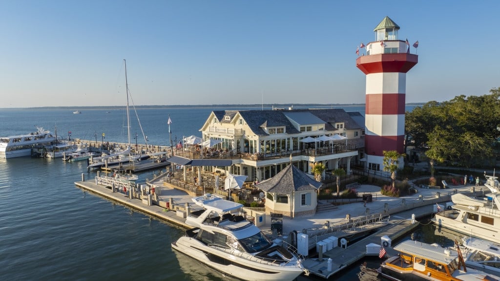 Quarterdeck venue nestled on the water near a lighthouse