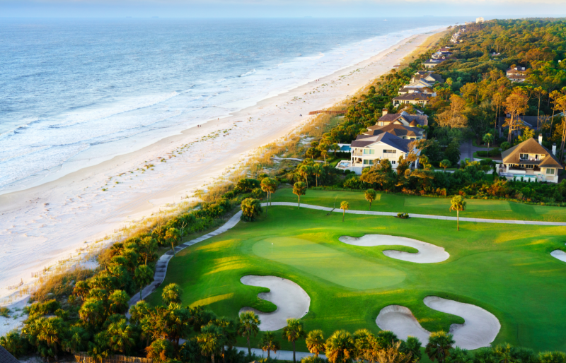 Aerial view of golf course greens