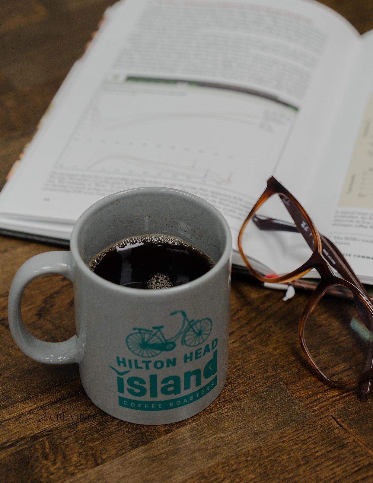 Mug of Hilton Head Island Coffee on a table with a book. 